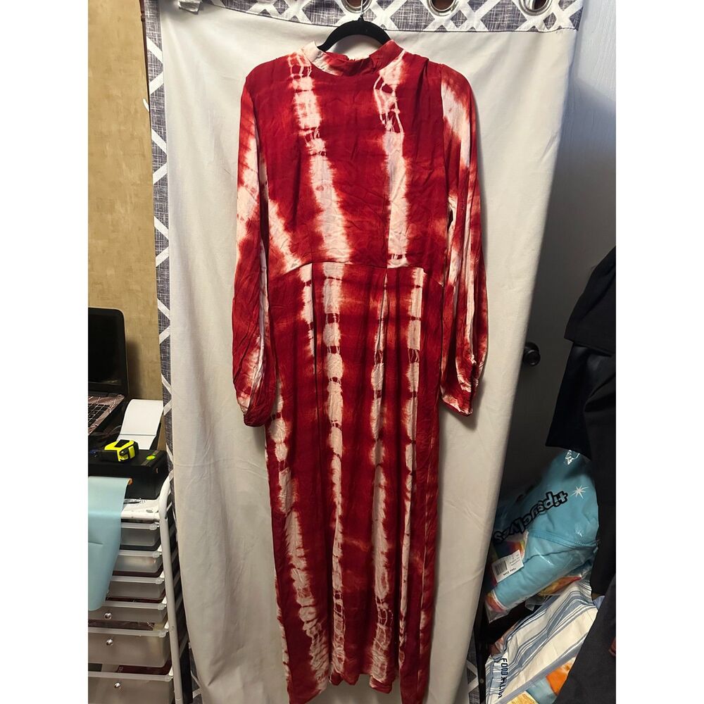NWOT ELISAMAMA Asabi Red Tie-Dye Dress Mock Neck Puff Sleeve Maxi Size Large